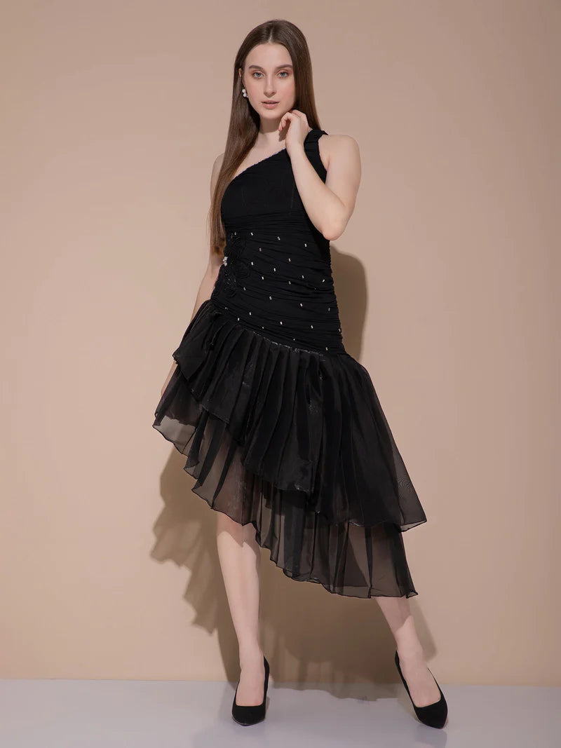 Midnight Bloom Asymmetry Dress