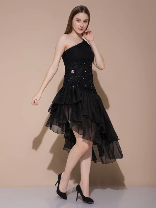 Midnight Bloom Asymmetry Dress