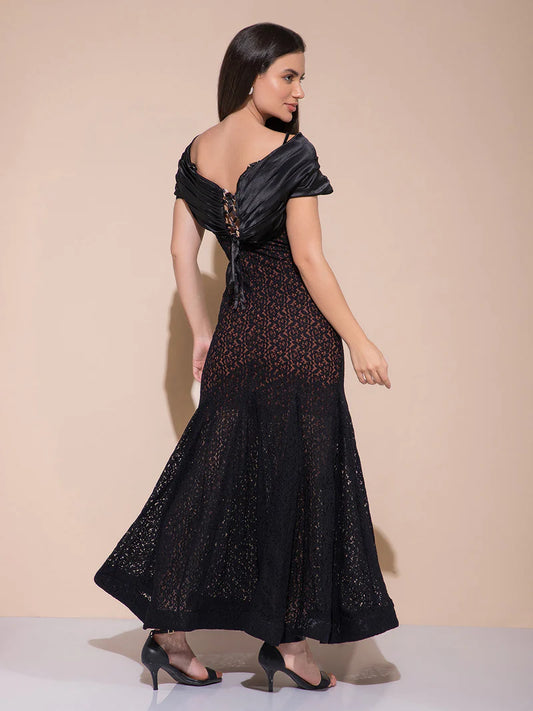 V Cut Black Long Dress