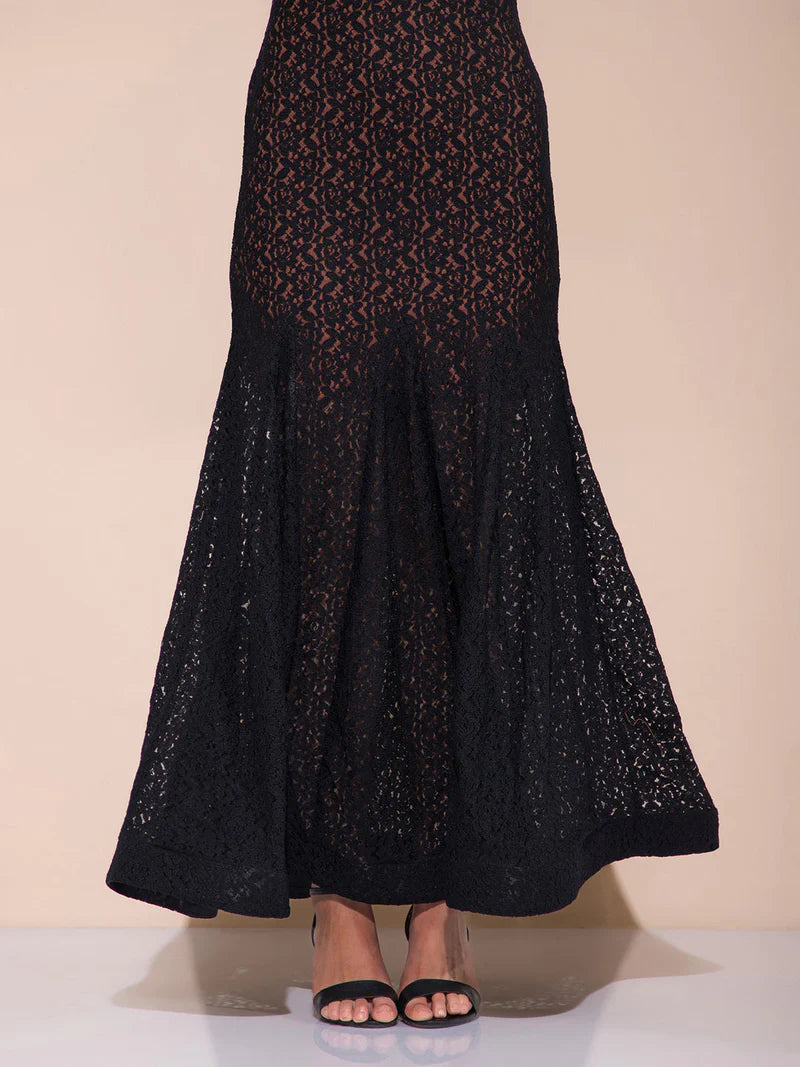 V Cut Black Long Dress