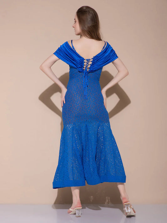 V Cut Blue Long Dress