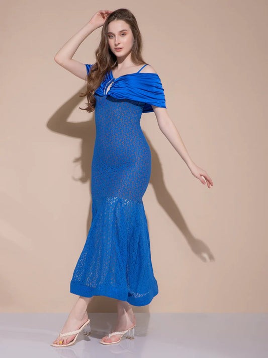 V Cut Blue Long Dress