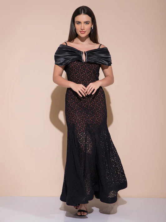 V Cut Black Long Dress