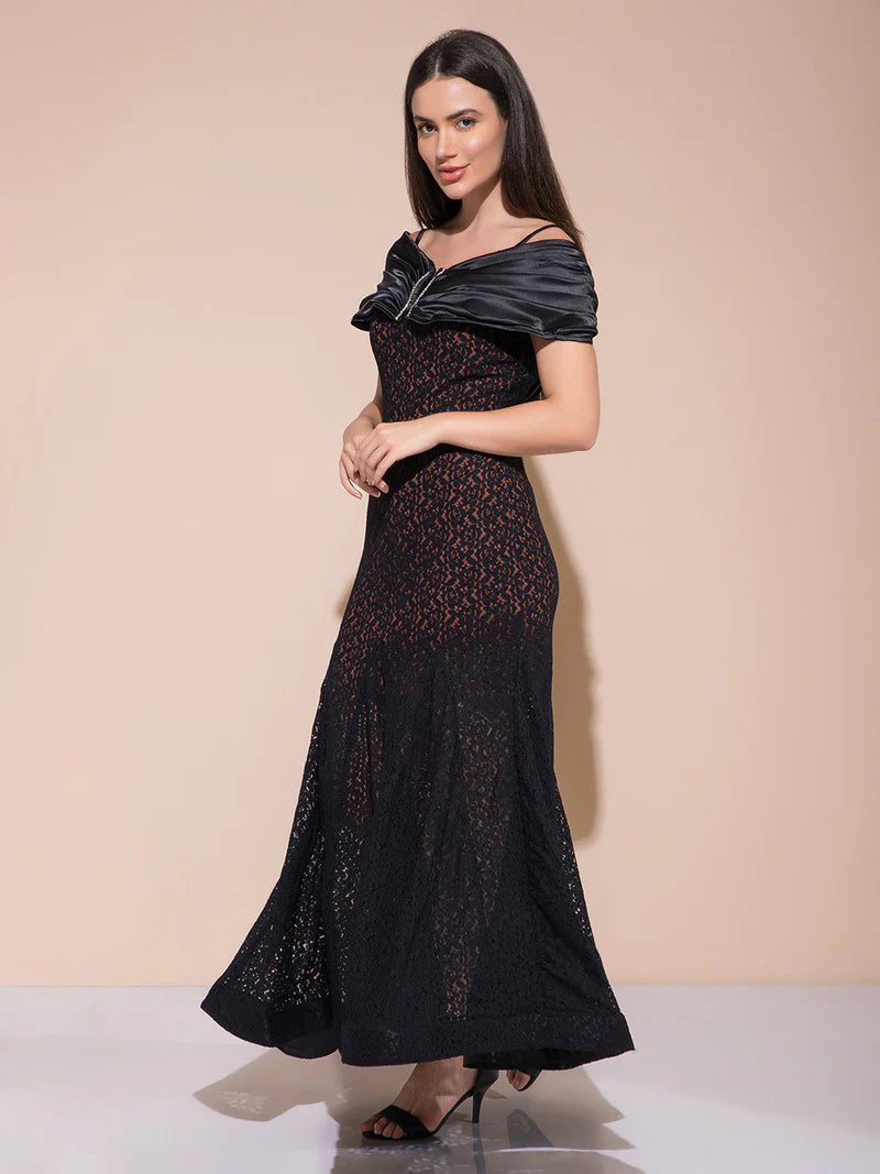 V Cut Black Long Dress