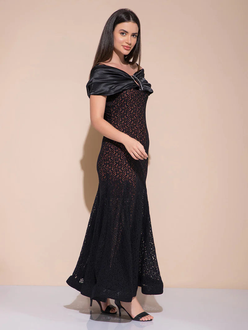 V Cut Black Long Dress