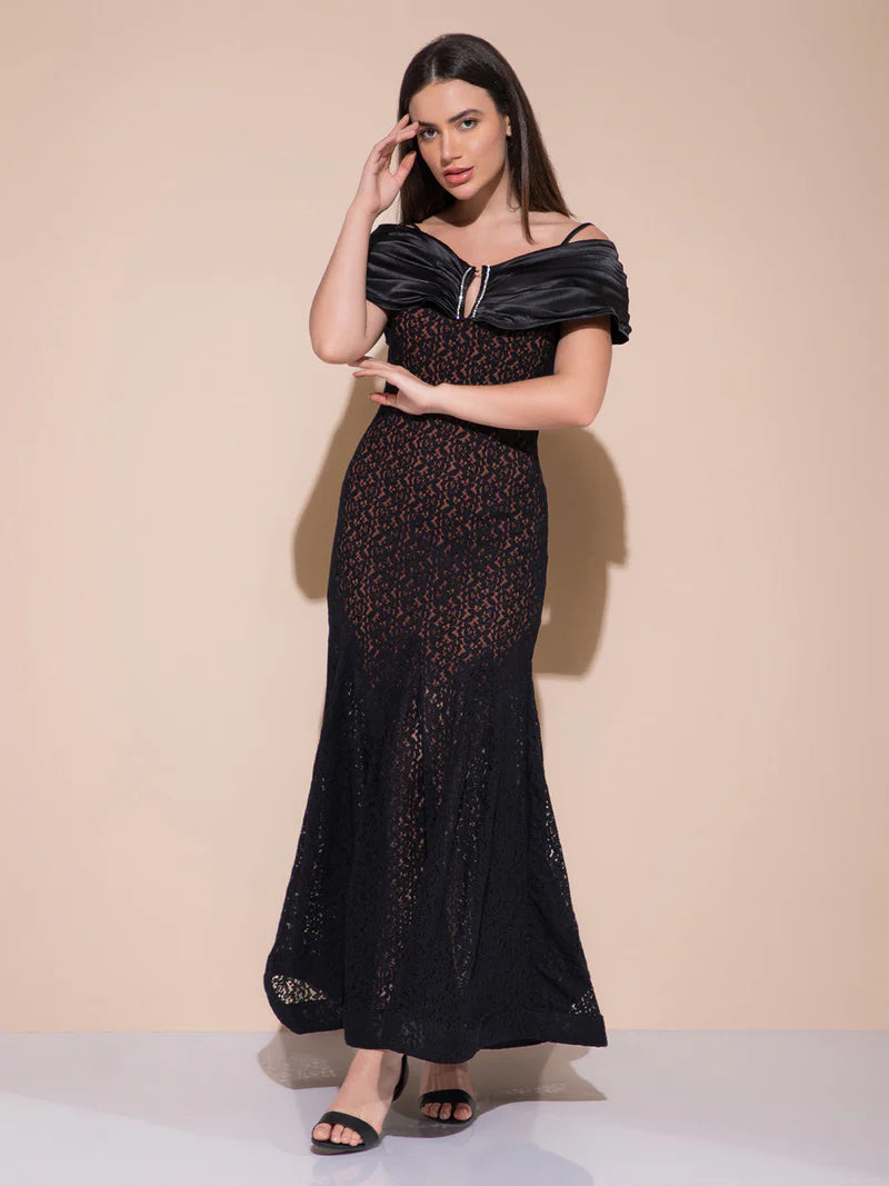 V Cut Black Long Dress