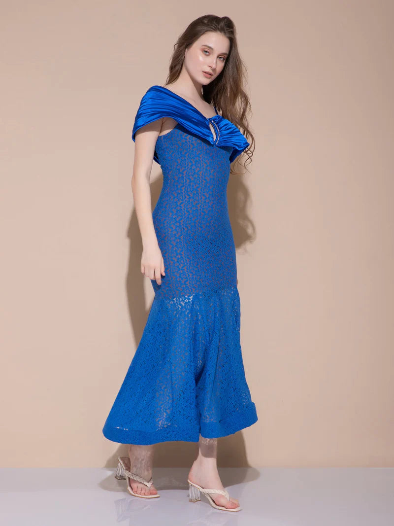 V Cut Blue Long Dress
