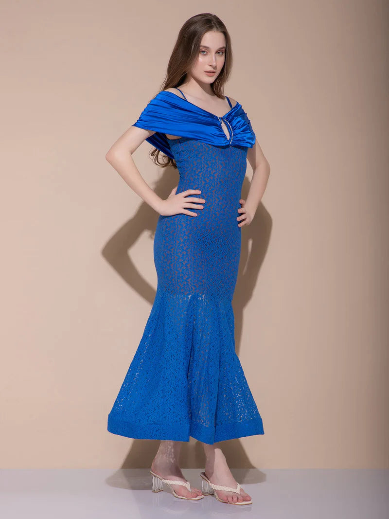 V Cut Blue Long Dress