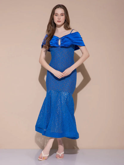 V Cut Blue Long Dress
