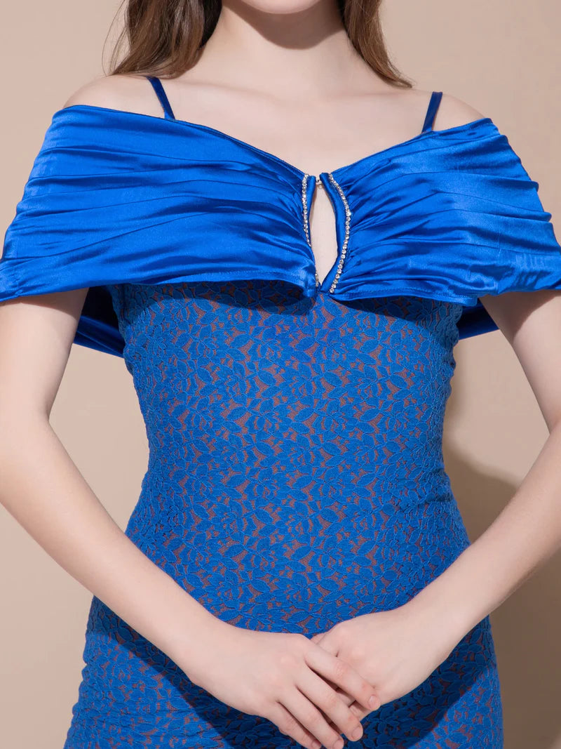 V Cut Blue Long Dress